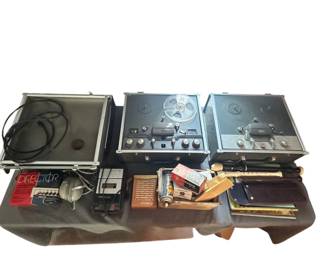 A collection of Stereophonic equipment. Two Ampex reel to reel recording machines. A Roland all transistor 66 radio. A Marantz model 5420 Stereo cassette deck recorder. 