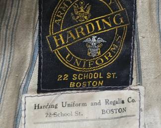 Label for the Early 20th Century ceremonial garment, Silk and Velvet. From Harding Army Navy Uniforms in Boston