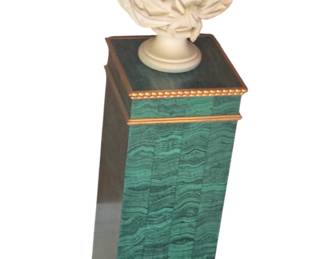 One of a pair of faux malachite and parcel gilt pedestals with marble bust of windswept lady.