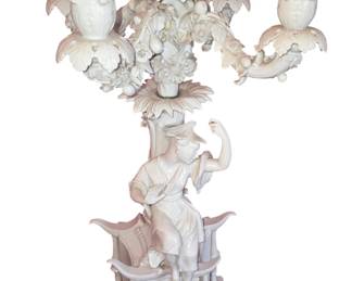 Continental blanc de Chine porcelain five light candelabra with repair. Probably German, 19 Century