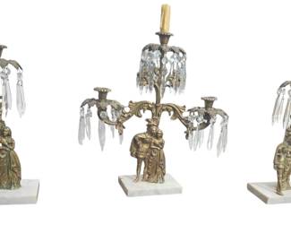 Victorian brass and cut glass three-piece girondole. 19th century 