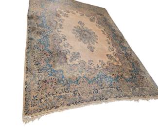 12’10”x 9’6” Hand knotted wool Kerman rug. Pink and Blue, Celeste on cream background