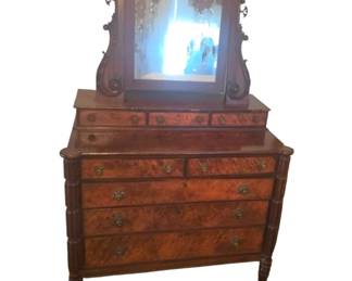 A fine federal carved mahogany and birds eye maple chest of drawers, Massachusetts. Attributed to John and Thomas Seymour, Boston. First quarter 19th century. 
——
Original mirror and brasses. Some cracks and veneer loss. Replaced pediment to the mirror. Former collection of Phil Steer, Kansas. 