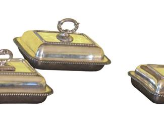 Set of three Georgian style silverplate covered vegetable dishes, stamped Tiffany and Company 