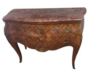 Louis XV style gilt bronze mounted and parquetry marble topped commode. 19th Century