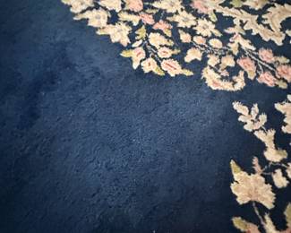15’9” x 11’9” Midnight blue ground hand knotted wool Kirman closeup. 