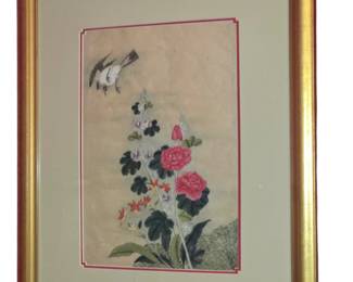Chinese school watercolor on paper of flowers and bird. 