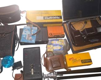 Collection of vintage cameras and camera equipment