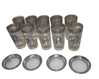 Platinum trimmed drinking glasses and glass coasters
