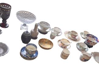 Assorted 18th century Chinese export and early English porcelain as well as bohemian glass, hairpin lacy Boston and Sandwich plate, hand faceted Anglo-Irish compote with square base, saltware glazed plate, satsuma ware bowl.