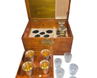 Five glass, four sterling cups and two antique decanters are contained within this lovely 18th Century dovetailed oak box that Randy and Garry enjoyed in the back of their 1950 Rolls Royce Silver Wraith