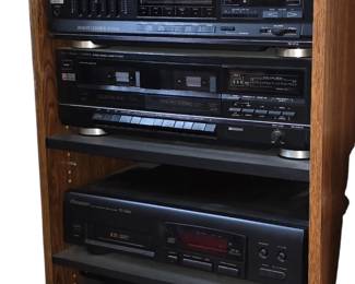 Fisher studio standard receiver, Fisher double cassette, Pioneer multi compact 6 disc player, Pioneer quarter pull automatic PL-500 turntable. All with original boxes.  