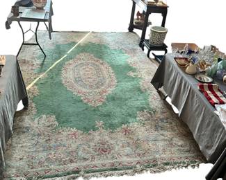 13’10” x 9’10” hand knotted wool Kirman rug in a lovely green. 
