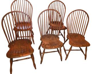 Set of five bow-back bamboo turned Windsor side chairs. Early 19th Century