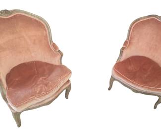 Pair of Louis XV style carved painted bergères. 19th Century