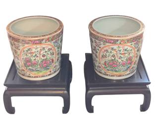 Pair of Chinese famille rose porcelain jardinieres on stand. 
