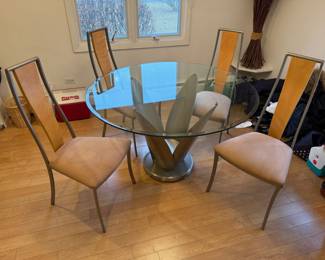 Diane Shapiro, Glass Top, Metal Base Dining Table and 4 Chairs
