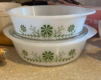 Mid Century Glasbake green daisy milkglass casserole dishes