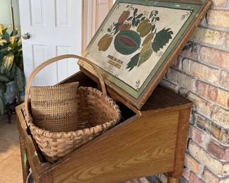Pennsylvania Dutch painted slant desk with folk are baskets and Norman Smith 5 Gallon whiskey jugs from Alabama.