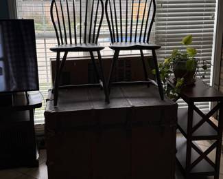1790-1810 Charlestown MA balloon back Windser Chairs on a Mobile vintage steam trunk!