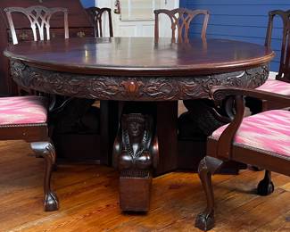 Late nineteenth century at it's best! Horner? or related NY / Philadelphia with amazing carved Sphinx caryatid type pedestal base. Mahogany. With many leaves for entertaining!