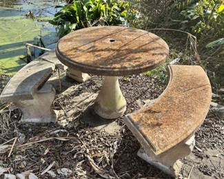 Concrete Table & Benches
One bench seat will need to be repaired.
Must be able to move and load yourself, there is a set of stairs it will have to go up.