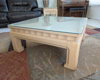 Large glass table top dinning room set with matching buffett, end tables, coffee table and entry table and mirror