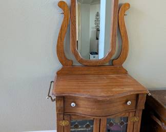 Antique entry way mirror and cabinet with stain glass doors