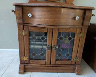 Antique entry way mirror and cabinet with stain glass doors