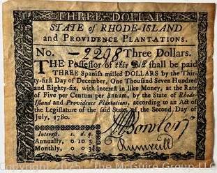July 2, 1780 Three Dollar Currency Note Issued by The State of Rhode Island and Providence Plantations