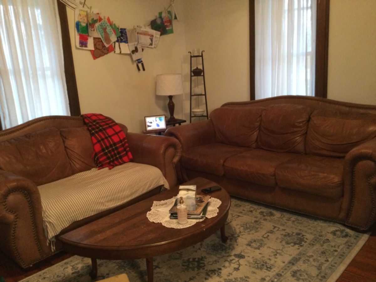 Leather couch and love seat. One tear on cushion from family pup. Repairable.
Set $200