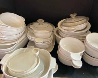 Assortment of white casserole dishes, baking bowls, soup bowls 