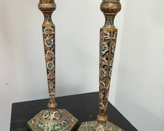 Pair of Brass and Cloisonne Candlesticks