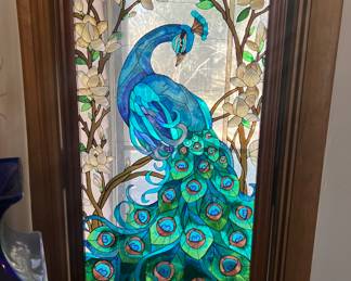 Joan Baker Design Art Glass Hand Painted Peacock Window