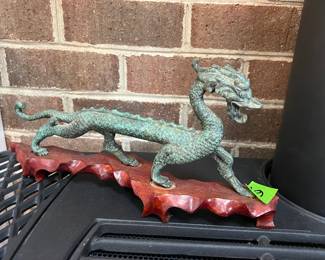 Antique Bronze Dragon Statue on Wooden Base