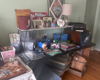 Baskets, storage containers, sports memorabilia
