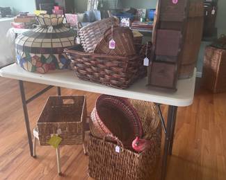 Baskets, stools, stained glass lighting fixture