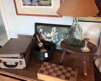 Vintage bridge and chess sets, artwork, lamp, furniture