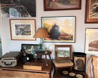 Train art, vintage tables, 