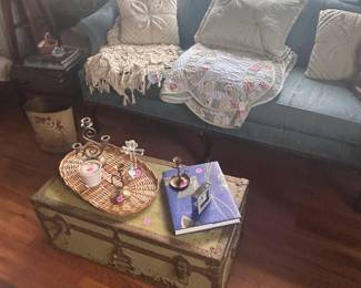 Vintage settee, green trunk, decor