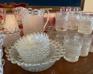 Antique Pitcher, Glasses, Bowls, Cream and Sugar, Westmoreland Clear Shell Stemware