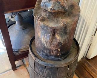 Wooden Carved Racoon, Antique Wooden Barrel