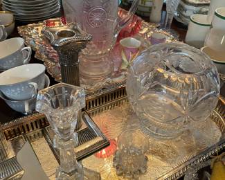 Silver plate serving platters, Crystal Candle Sticks, Cut Crystal 