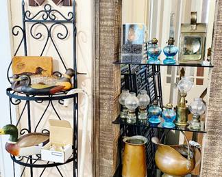 Wooden and Porcelain Ducks, Antique Brass porter lamps, Vintage mini and full size hurricane lamps