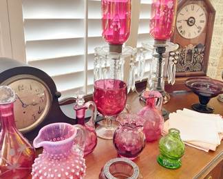 Cranberry glass assorted pieces, Candle Sticks, small Pitchers 