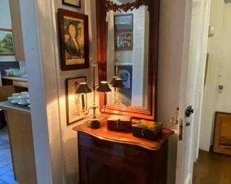 Mahogany entry way piece with antique carved mirror