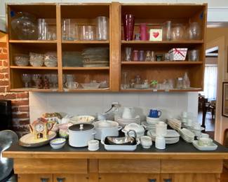 Collection of glassware, serving pieces including Colorcast enamelware pieces #2 and #9