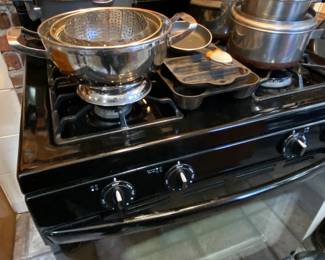 Amana Gas Stove with Revereware pots and pans and Goliath copper lined large cooking pot with lid