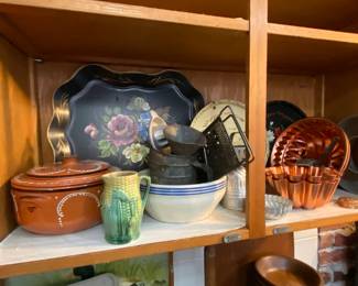 Assortment of Antique Toleware trays, Copper Jello Molds, 