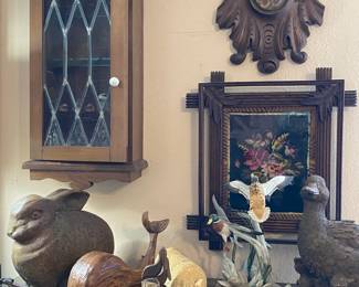 Antique Curio with Stain Glass, Wood carvings, Tramp Frames 